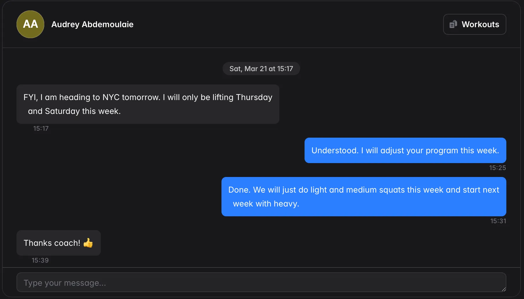 CoachSync messaging — coach adjusting a client's program mid-week