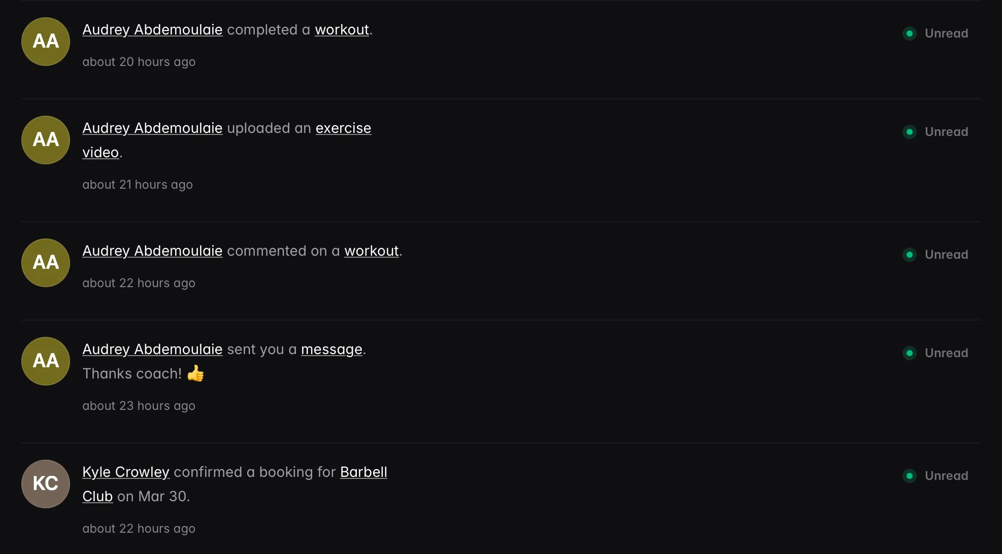 CoachSync notifications — workout completions, video uploads, messages, and bookings in one feed