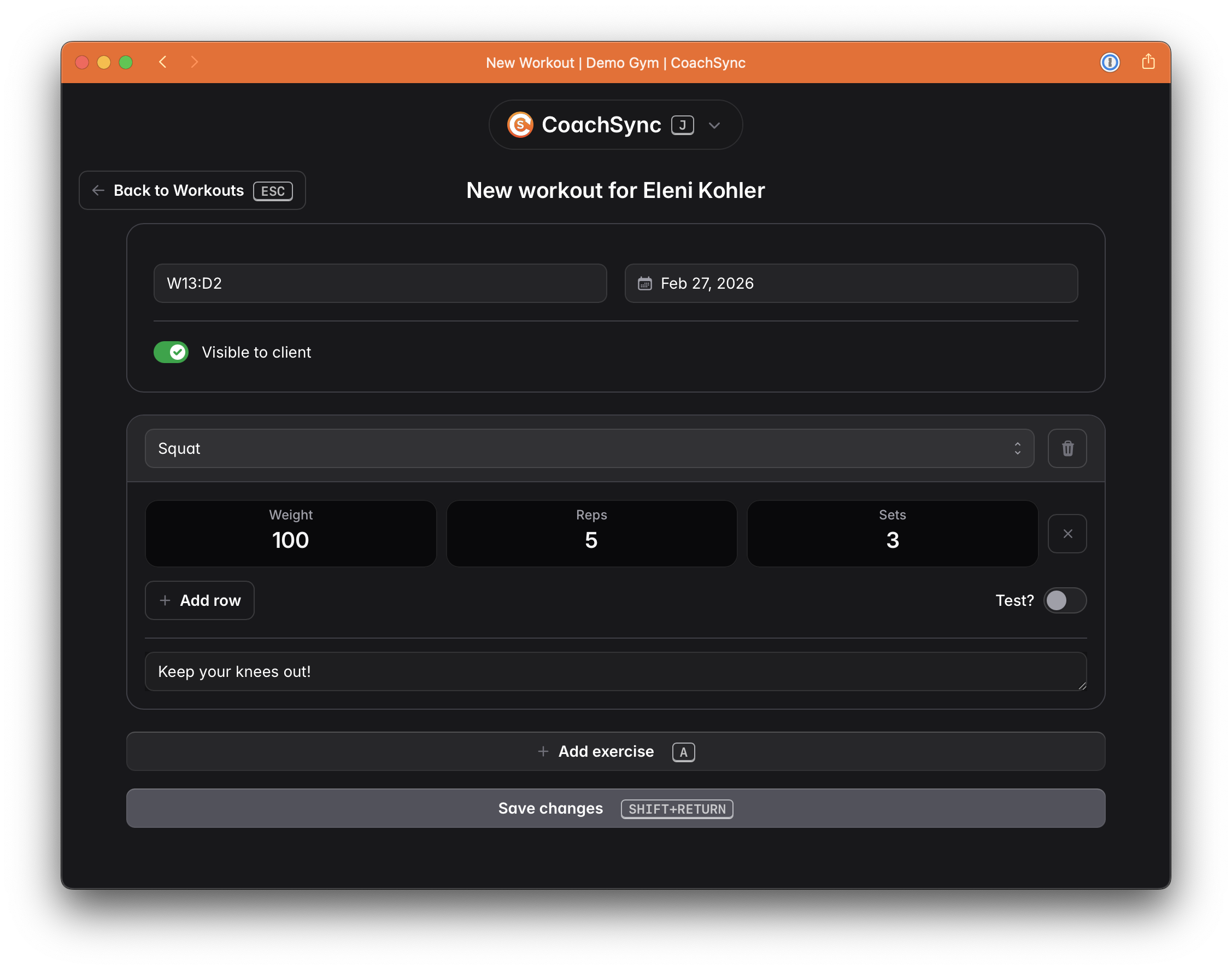 CoachSync workout builder — keyboard-driven entry with exercise name, weight, reps, sets, and coaching notes