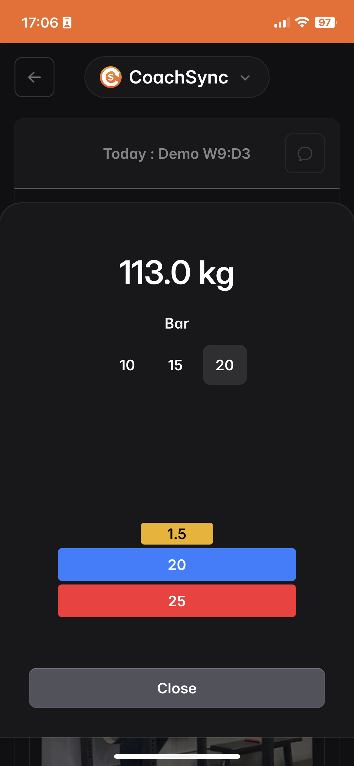 Bar load calculator showing plate breakdown for a squat