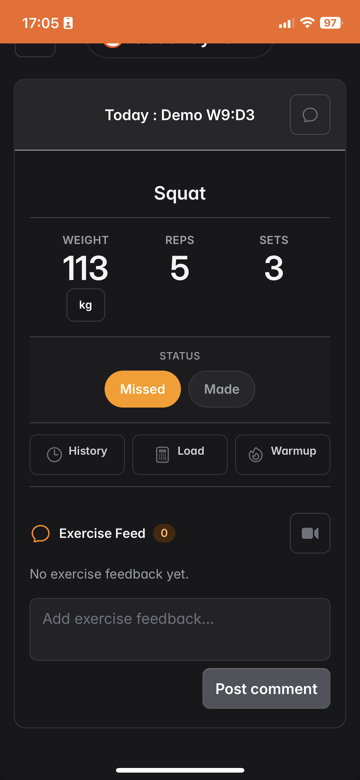 Exercise detail view with made/missed buttons, lift history, bar load calculator, and warmup tools