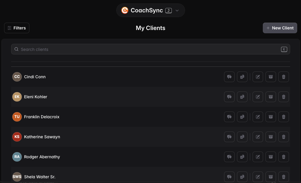 Clients list with quick-access actions