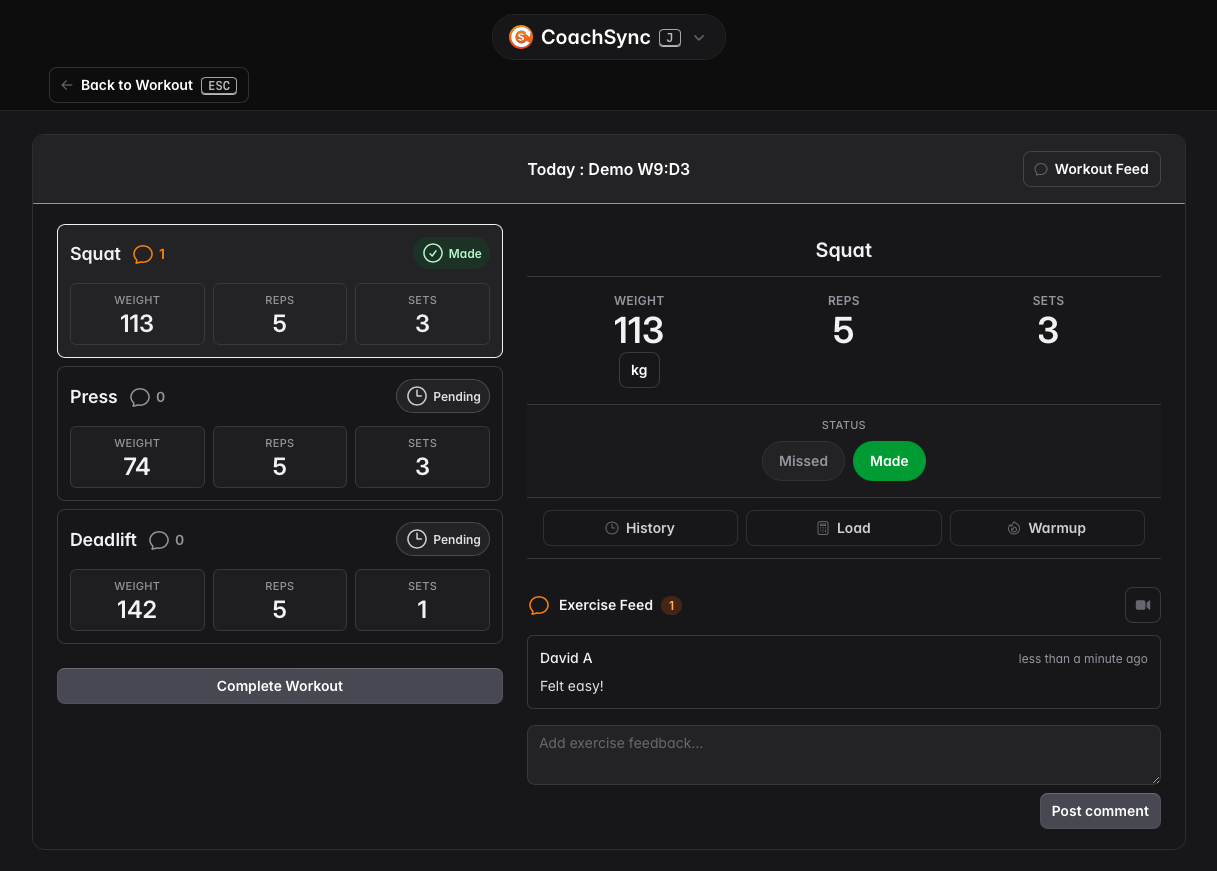 CoachSync workout detail — exercise tracking with made/missed status, video feedback, and coaching tools